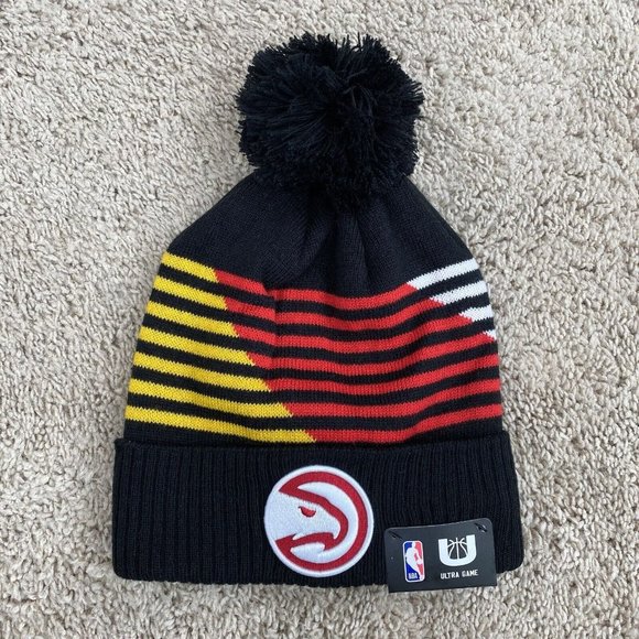 Atlanta Hawks NBA Ultra Game Beanie Black Red Gold Striped Patch Logo Knit Cap - Picture 1 of 4